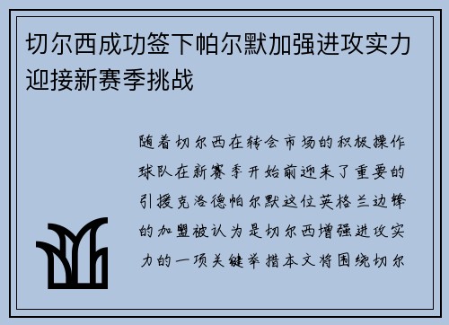 切尔西成功签下帕尔默加强进攻实力迎接新赛季挑战